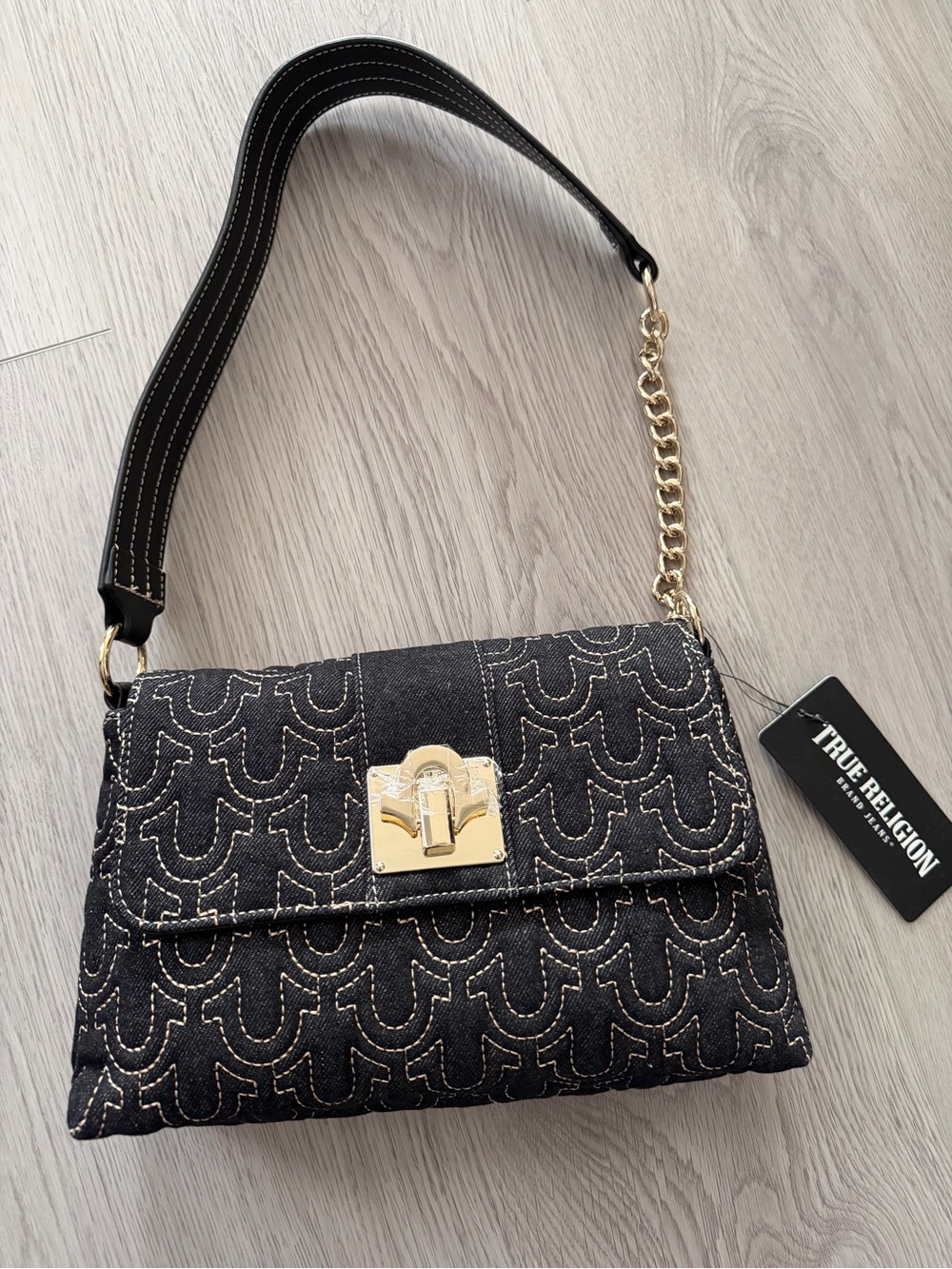 True Religion Black Quilted Shoulder Bag with Gold Hardware
